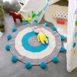Alfombra Redonda <br> Crochet Gris Y Azul Alfombra Redonda <br> Crochet Gris Y Azul