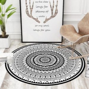 Alfombra Redonda <br> Estilo Mandala Blanco Y Negro