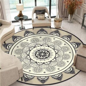 Alfombra Redonda <br> Mandala Negro y Beige Alfombra Redonda <br> Mandala Negro y Beige