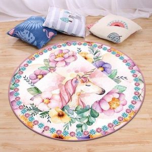 Alfombra Redonda <br> Unicornio y Flores